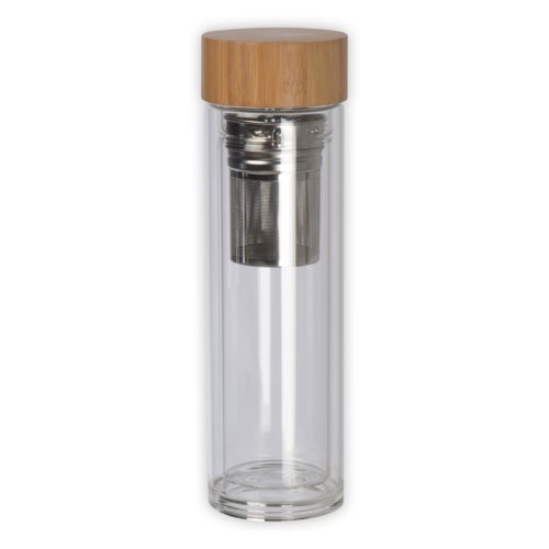Transparente Glasflasche mit Bambusdeckel und Metallsieb.