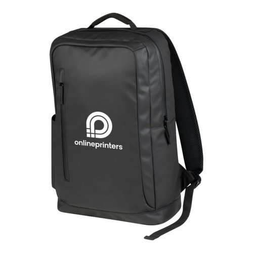 Schwarzer, wasserfester Rucksack mit Reiverschlssen.