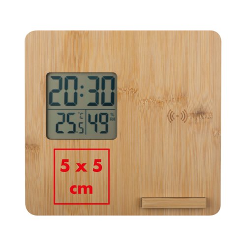Helle Holz Wetterstation mit digitaler Anzeige.