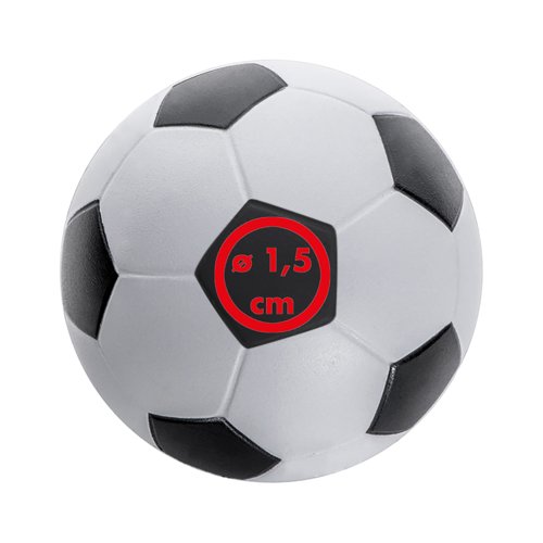 Weißer Anti-Stressball aus Schaumstoff in Fußballoptik.