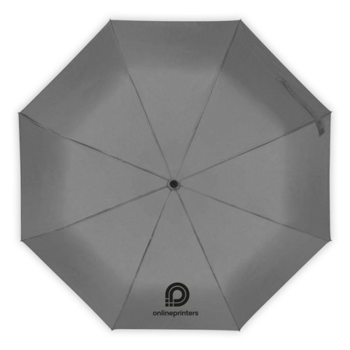 Grauer Regenschirm mit Bezug und stabilem Gestell.