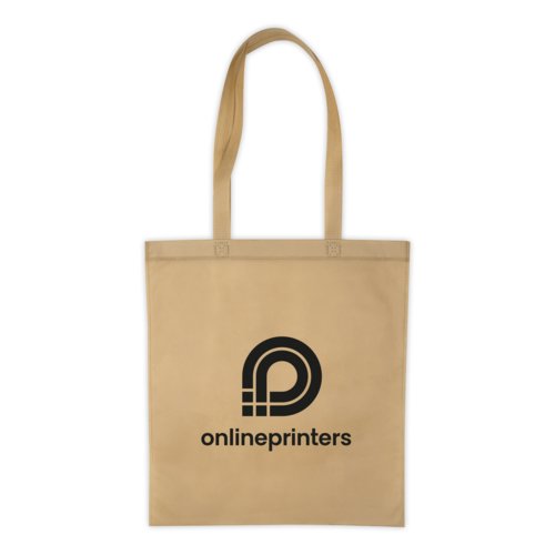 Beige Vliesstoff-Tasche mit Tragegriffen.