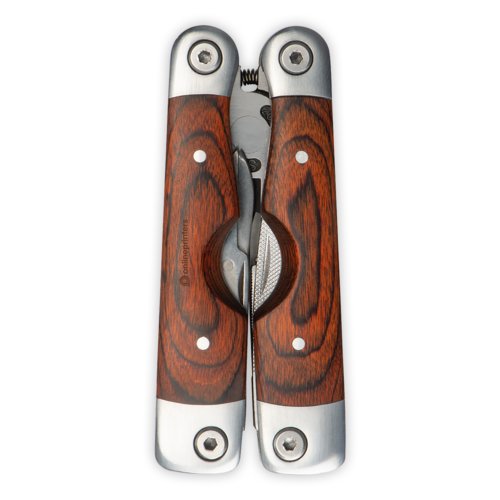 Braunes Multifunktionswerkzeug aus Holz und Metall mit verschiedenen Werkzeugen.