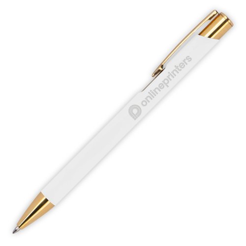 Weier Metall-Kugelschreiber mit Muster, Clip und Druckmechanismus.