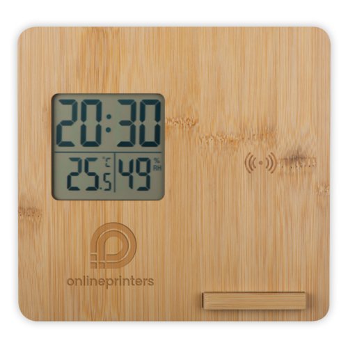 Helle Holz-Wetterstation mit digitaler Anzeige.