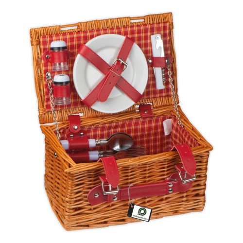 Naturfarbener Picknickkorb aus Korbgeflecht mit Tragegriff.