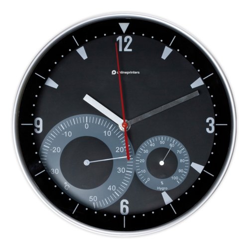 Schwarze Wanduhr mit analoger Anzeige und integriertem Thermo-Hygrometer.