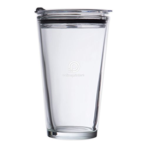 Transparenter Glasbecher mit Deckel.