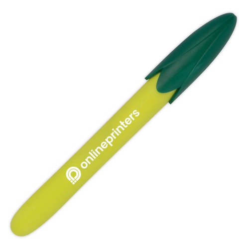 Gelber Mais-Kugelschreiber mit grner Kappe.