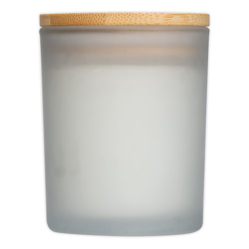 Weisse Kerze im Glas mit Holzdeckel.