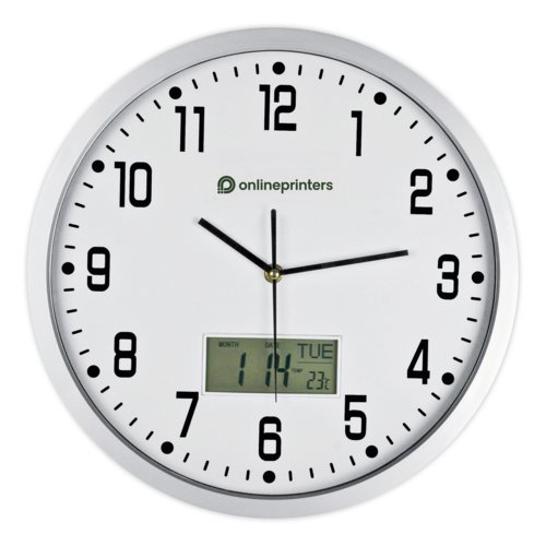 Analoge Wanduhr mit digitaler Anzeige.