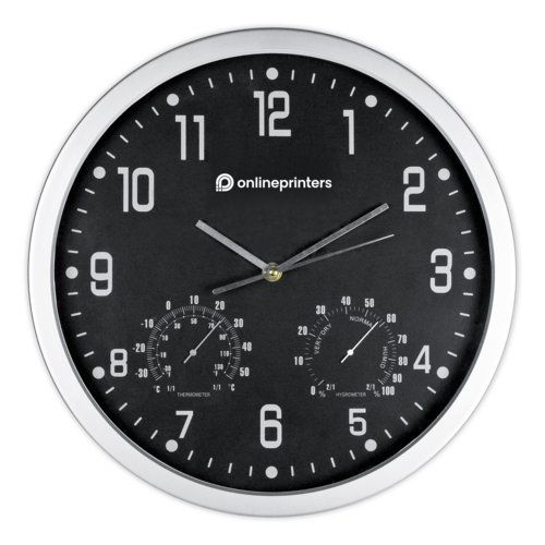 Schwarze Wanduhr mit Thermometer und Hygrometer.