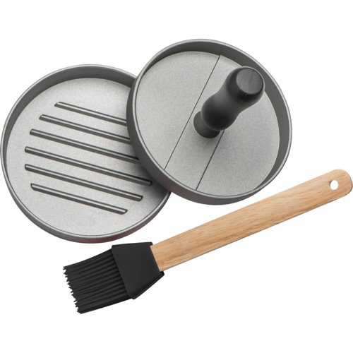 Schwarze Burgerpresse aus Metall mit Silikonpinsel.
