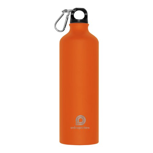 Orangefarbene Metall-Trinkflasche mit Karabinerhaken.