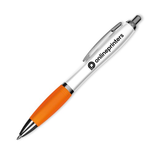 Oranger Kunststoff-Kugelschreiber mit Clip und Druckknopf.