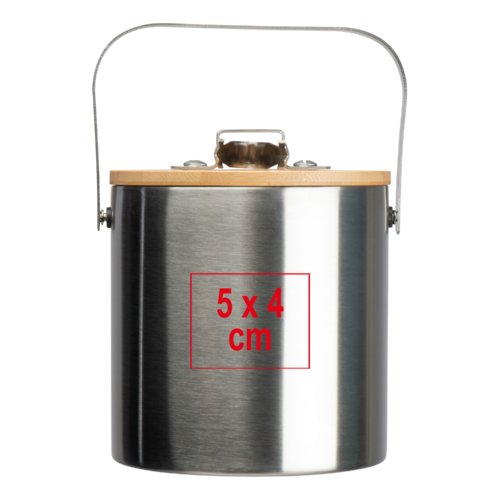 Silberner Eiskbel aus Metall mit Bambusdeckel und Henkel.