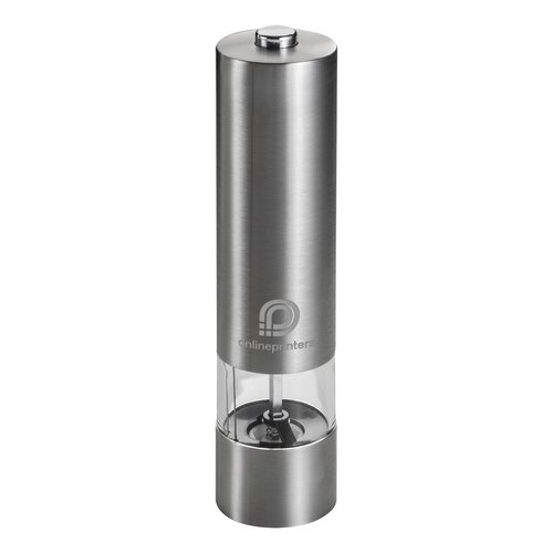 Elektrische Pfeffermühle aus Metall mit durchsichtigem Behälter.
