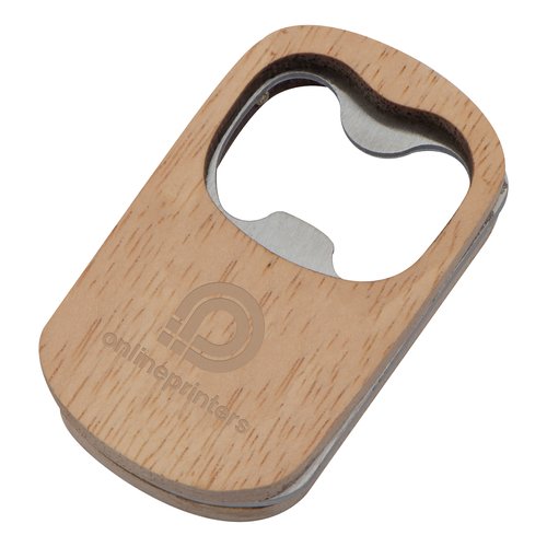 Holz-Flaschenffner mit Metalleinsatz.