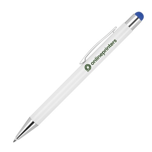 Blauer Metall-Kugelschreiber mit Touchpen-Funktion und Clip.