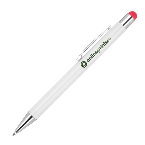 Roter Kugelschreiber aus Metall mit Touchpen-Funktion und Clip.