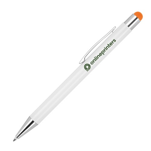 Oranger Kugelschreiber mit Touchpen und Clip.