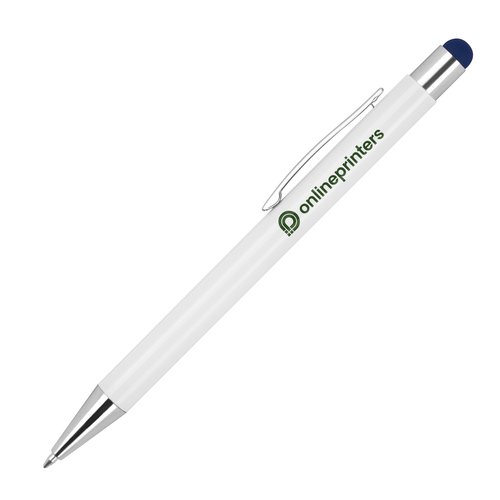 Dunkelblauer Kugelschreiber mit Touchpen und Clip.