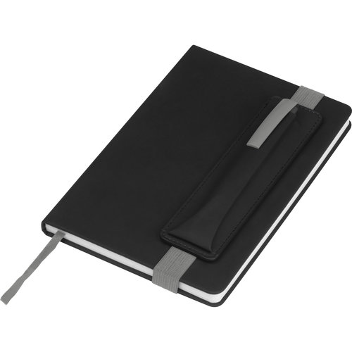 Graues Notizbuch mit Stiftschlaufe und Gummiband.