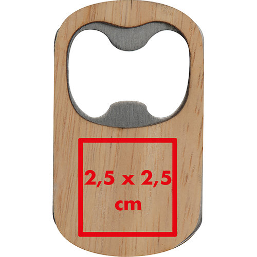 Holz Flaschenffner mit Metalleinsatz.