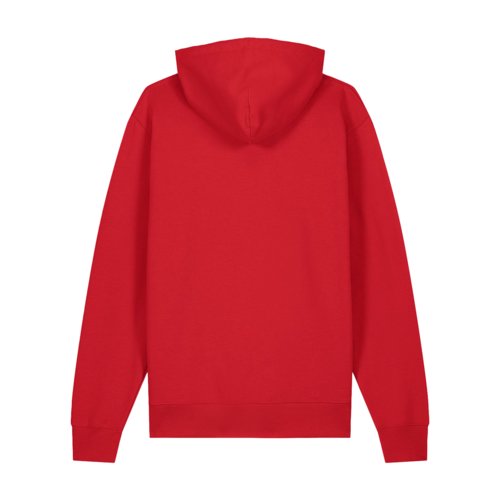 Roter Bio-Baumwoll-Hoodie im Unisex-Schnitt mit Kapuze.