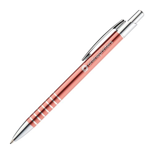 Oranger Metall-Kugelschreiber mit Clip und Druckmechanismus.