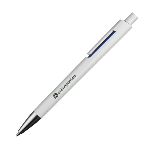 Blauer Kunststoff-Kugelschreiber mit Clip und Druckknopf.