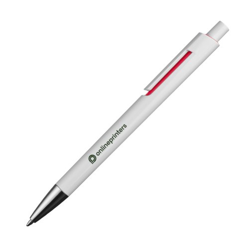 Roter Kunststoff-Kugelschreiber mit Clip und Druckknopf.