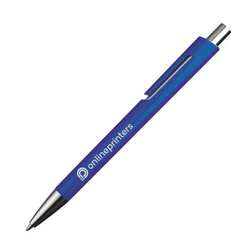 Blauer Kugelschreiber aus Kunststoff mit Metallelementen und Clip.