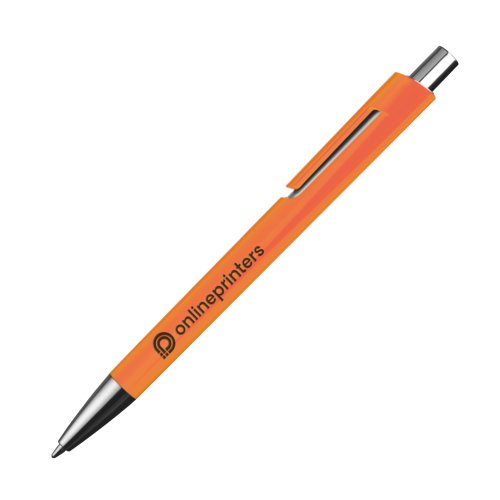 Orangefarbener Kugelschreiber mit Clip und Druckknopf.