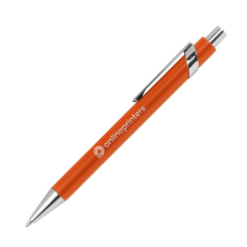 Orangefarbener Metall-Kugelschreiber mit Muster, Clip und Druckmechanismus.