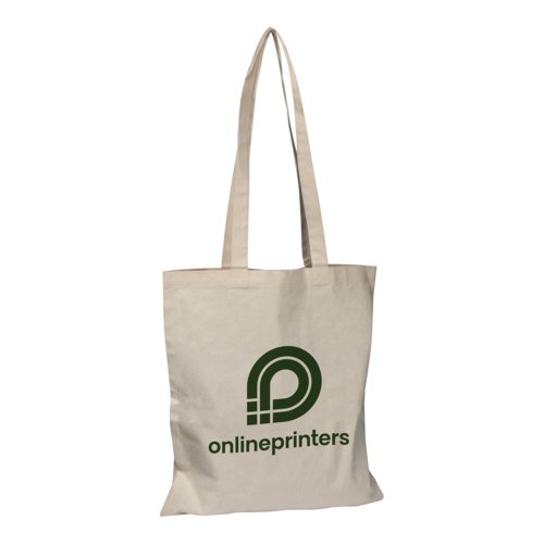 Beige Baumwolltasche mit Tragehenkel und Muster.