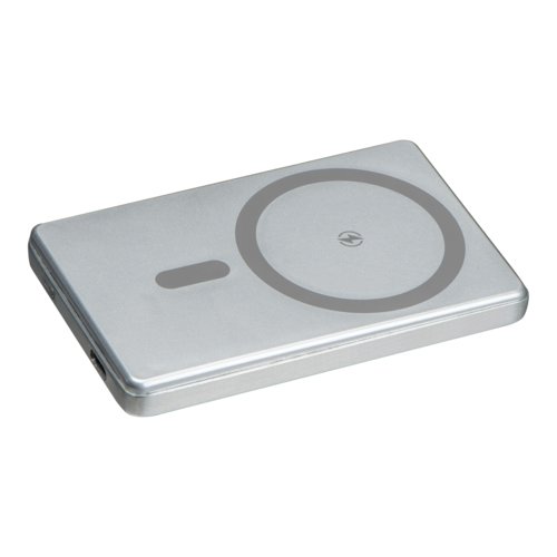 Graue Powerbank mit Ladefunktion und USB-Anschluss.