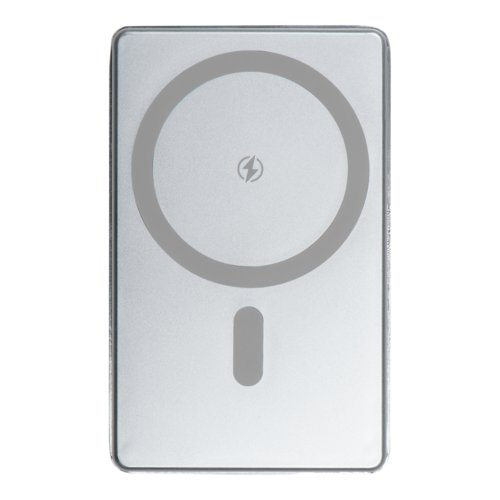 Graue Powerbank mit 5.000 mAh Kapazitt.