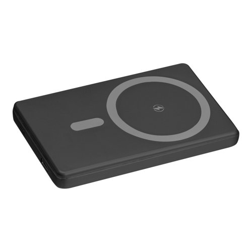 Schwarze Powerbank mit 5.000 mAh Kapazitt.