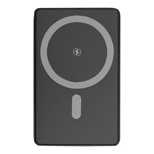 Schwarze Powerbank mit 5.000 mAh Kapazitt.
