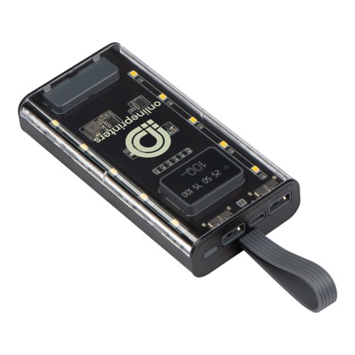Transparente Powerbank mit USB Anschlssen und Trageschlaufe.