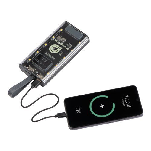 Transparente Powerbank mit USB-Anschluss und Ladezustandsanzeige.