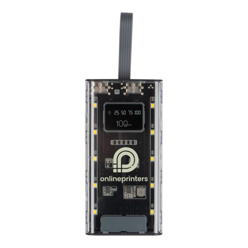 Transparente Powerbank mit Batterieanzeige und USB-Anschlssen.
