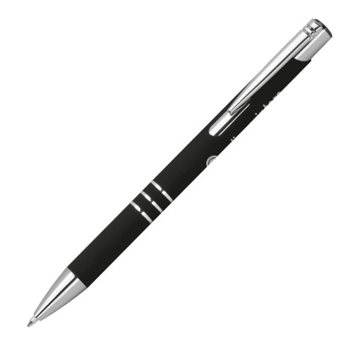 Schwarzer Gelschreiber mit Muster, Clip und Druckmechanismus.