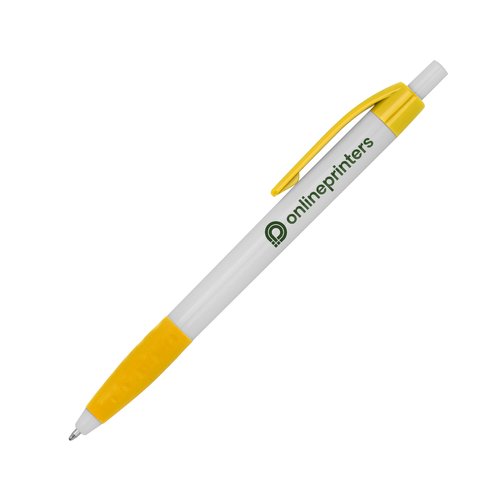 Gelber Plastik-Kugelschreiber mit Clip und Druckknopf.