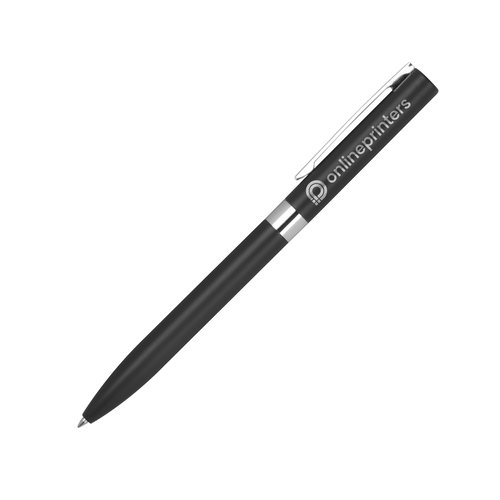 Schwarzer Gelstift mit Metallelementen und Kappe.