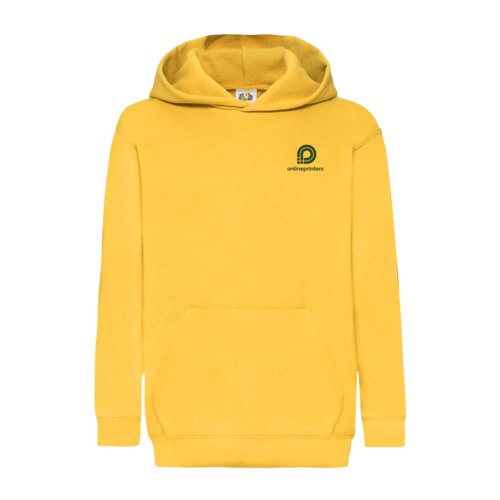 Gelber Kinder-Hoodie aus Baumwollmischgewebe mit Kapuze und Kngurutasche.