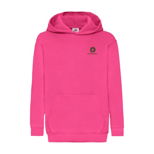 Fuchsiafarbener Baumwoll-Polyester-Hoodie fr Kinder mit Kapuze und Kngurutasche.