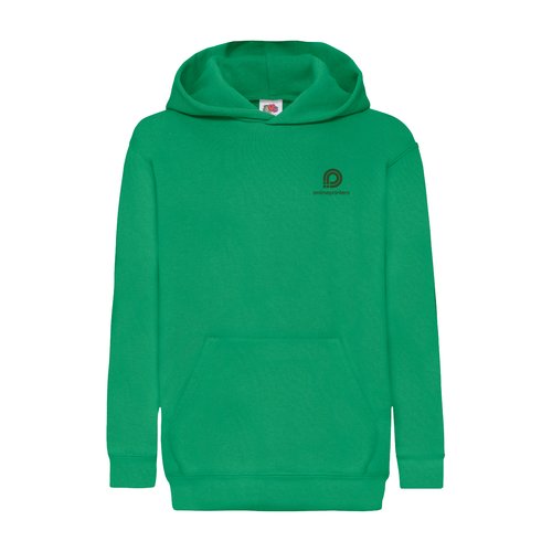 Grner Baumwoll-Polyester-Hoodie fr Kinder mit Kapuze und Kngurutasche.