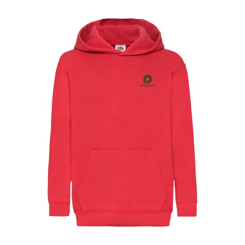 Roter Kinder-Hoodie aus Baumwollmischgewebe mit Kapuze und Kngurutasche.